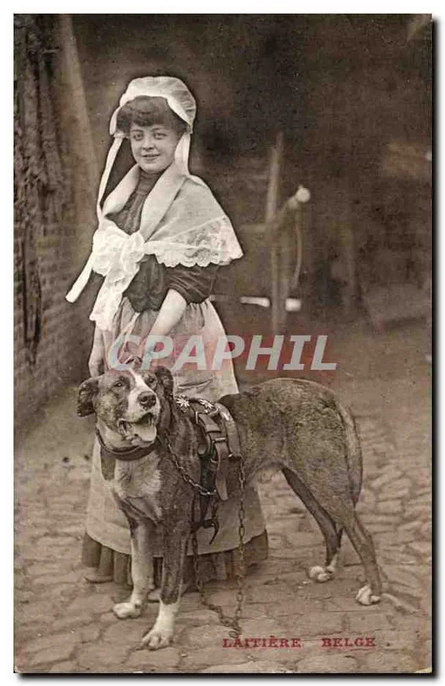 Laitière Belge — jeune femme en costume traditionnel avec chien — Correnbergh Ltd, Bruxelles - Recto