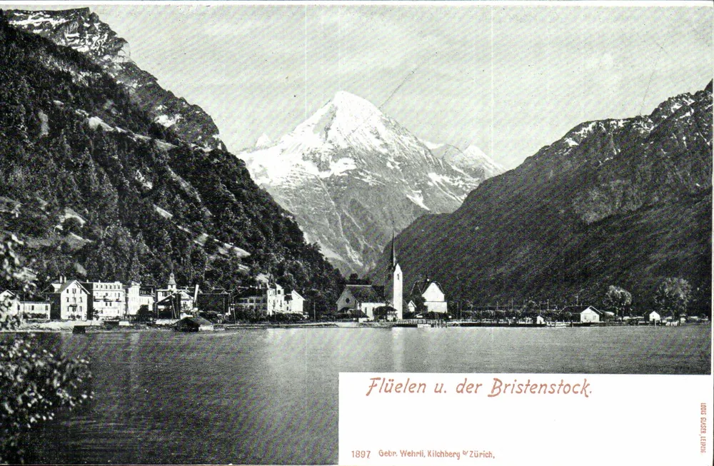 Flüelen u. der Bristenstock — vista lacustre con chiesa — Geb. Wehrli, Kilchberg & Zürich, n° 1897 - Recto