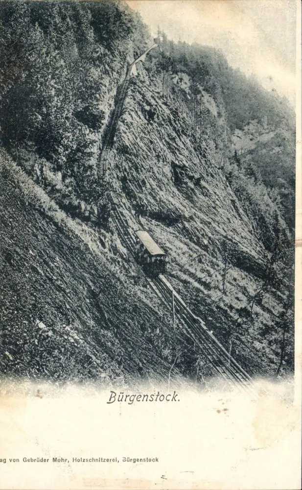Funicular de Bürigenstock — vista panorâmica — editor Gebrüder Mohr, Holzschnitzerei, Bürigenstock - Frente