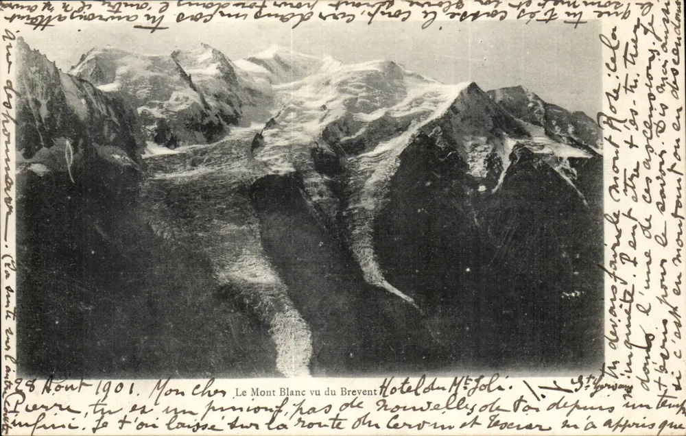 O Mont Blanc visto do Brevent — Hotel du Méridien — datada 28 de agosto de 1901 - Frente