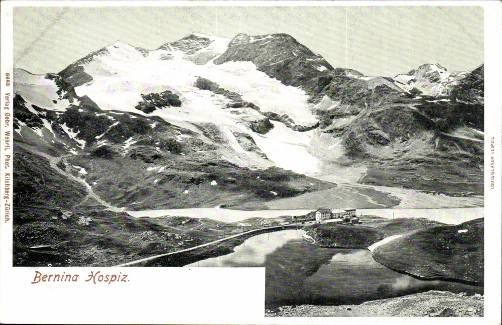 Bernina Kospiz — vista do glaciar e do lago — Louis Glaser, Leipzig - Frente