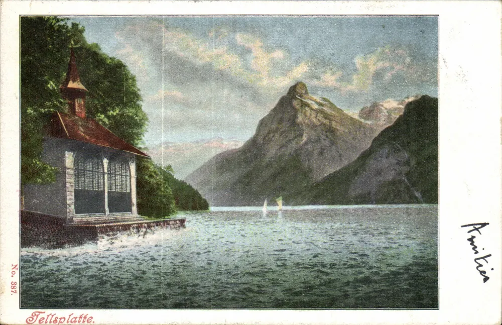 Tellsplatte — vista lacustre com capela e montanha — Amitiés, No. 387 - Frente