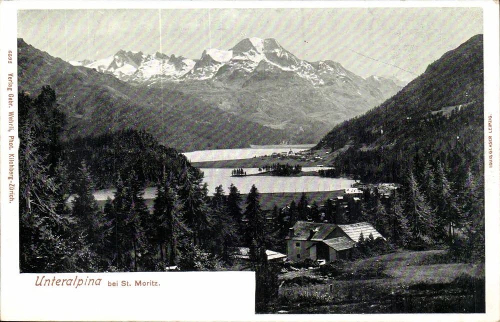 Unteralpina vicino a St. Moritz — vista lacustre e montuosa — Editore Gehr. Wehrli, Fot. Krichberg Zurigo, Louis Glaser Lipsia - Recto