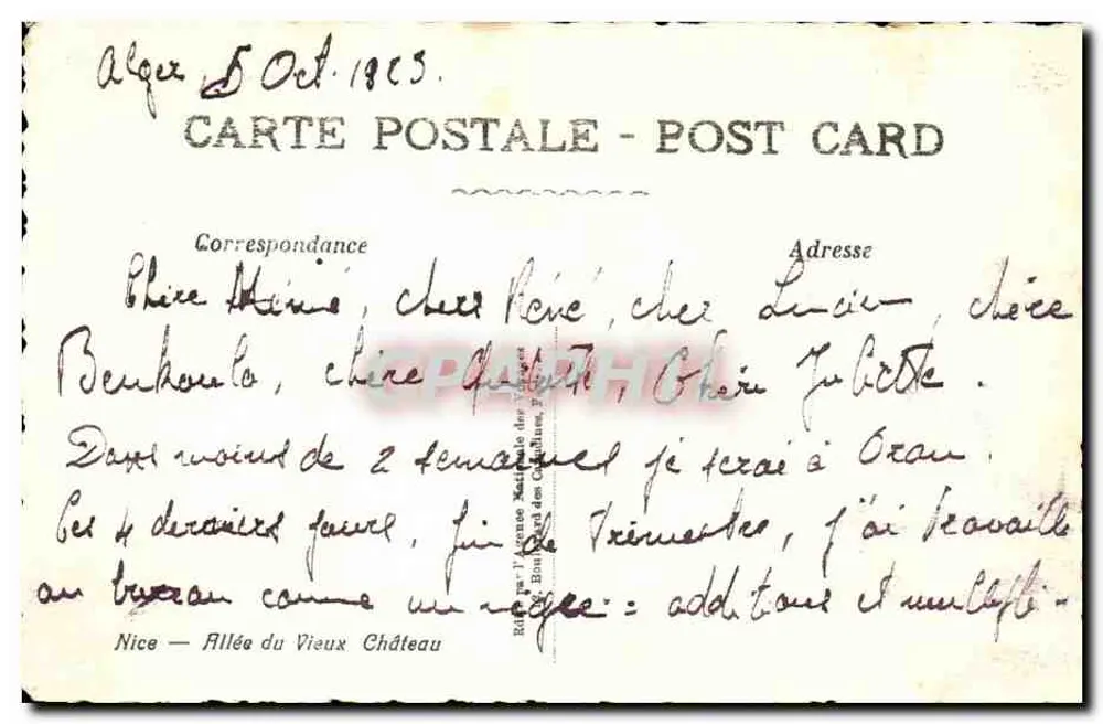 Nice — Avenida do Velho Castelo — Editor: Bureau das Cartas Postais - Verso