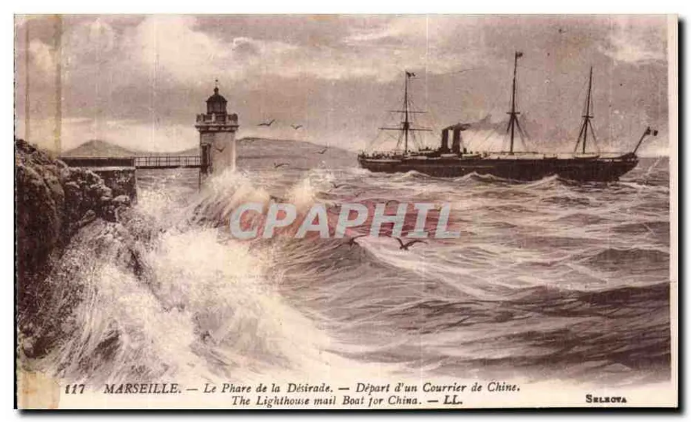 Marseille — Der Leuchtturm von La Désirade — Abfahrt eines China-Mails — Selrova, n° 117 - Vorderseite