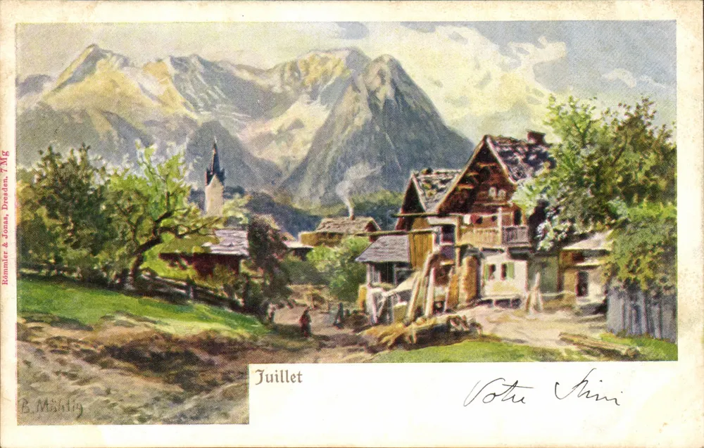 Julho — vista de aldeia alpina — Rommier & Sones, Dresden, 7 Mg - Frente