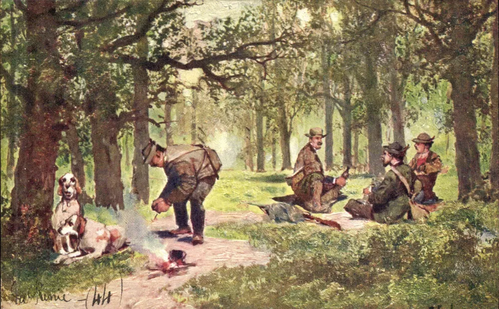 Jäger im Wald — Jagdscene — Zeichnung von Luc Rame (1887) - Vorderseite