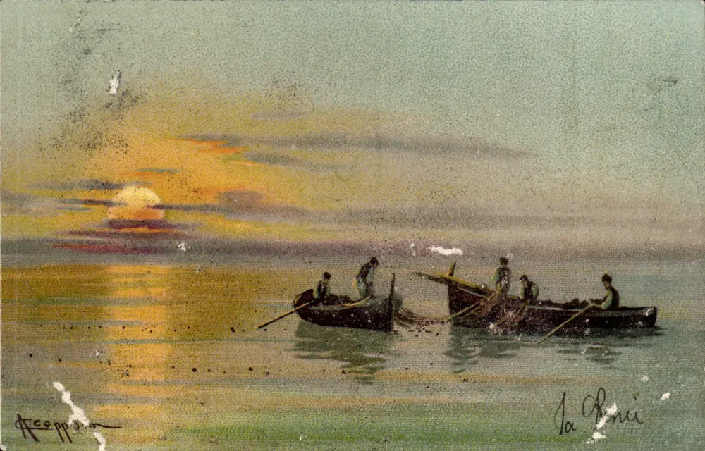 Tramonto sul mare — due pescatori in barca — La Pinie, firmato Accoppian - Recto