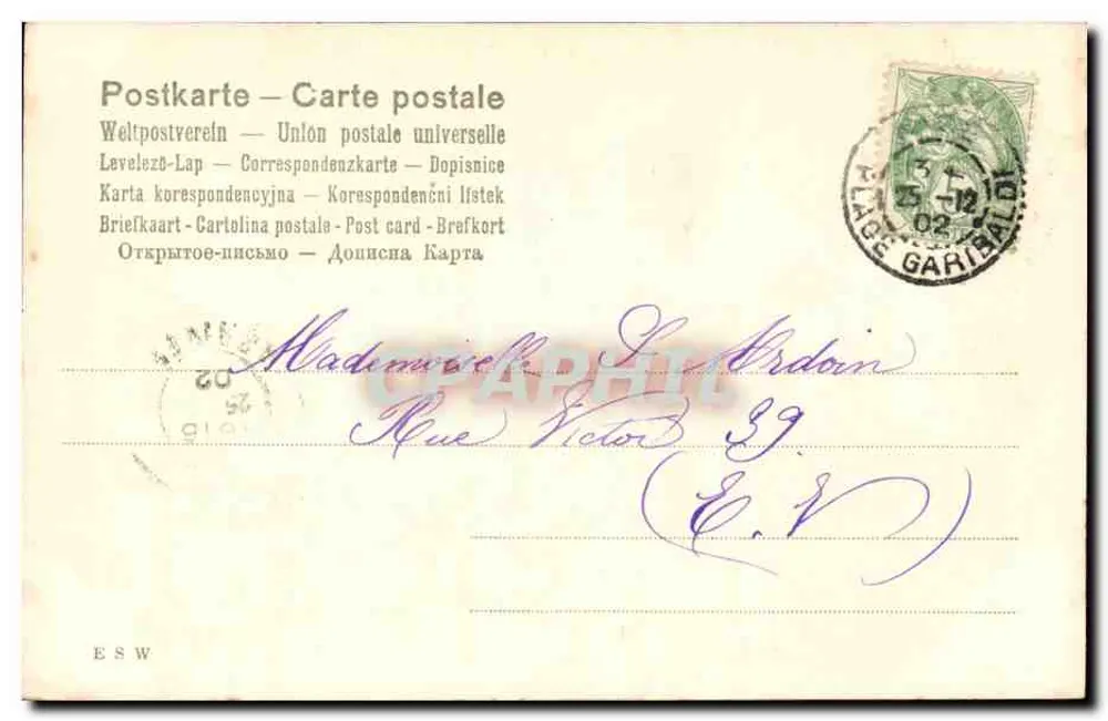 Zwei Kinder unter einem Regenschirm — Farbige Illustration — Unbekannter Verleger - Rückseite