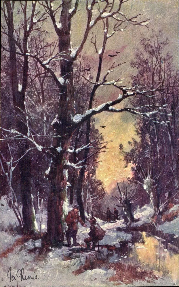 Schneeverwehete Wälder — Winterlandschaft mit zwei Figuren — J. La Henie, Verlag B K W. L. 764-5 - Vorderseite