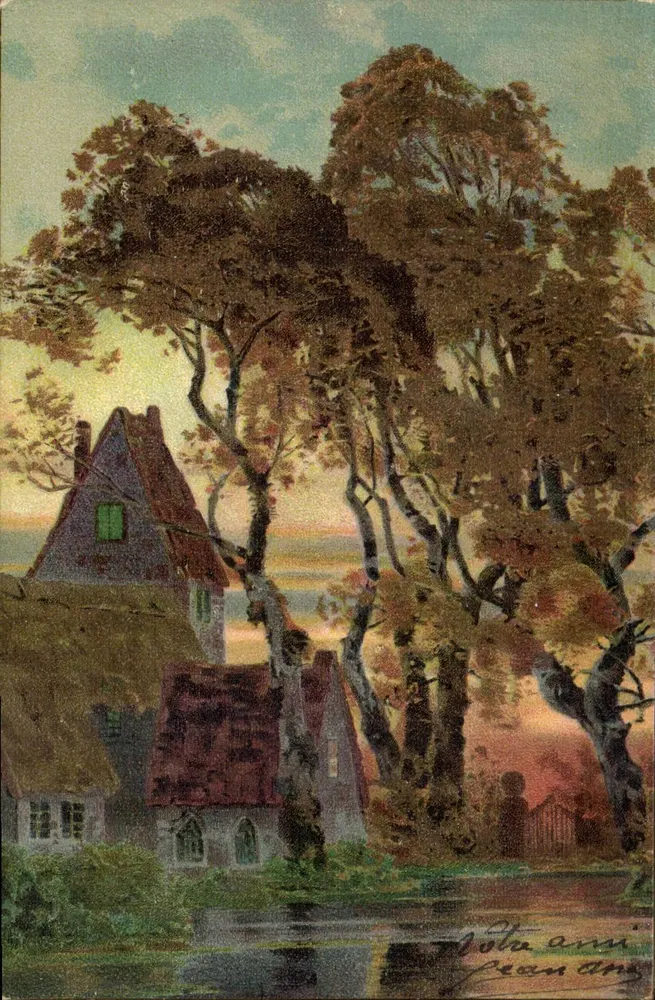 Paisaje de otoño — casa con techo de paja — editor desconocido, número de serie no visible - Anverso