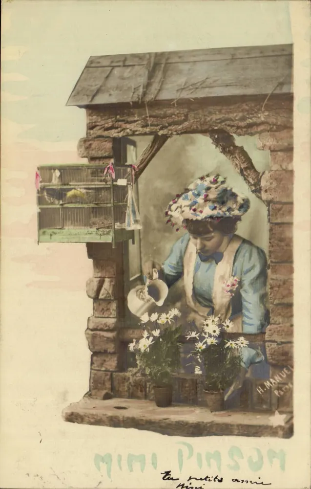 Frau, die Blumen gießt — Garten-Szene — H. MANUEL, P. 34 - Vorderseite