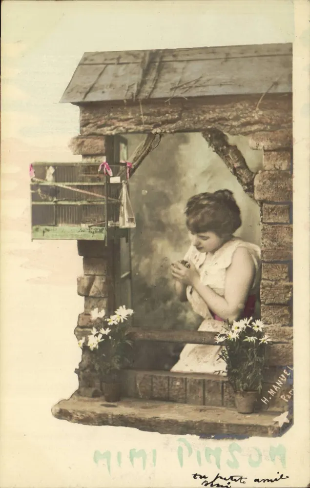 Frau am Fenster — Holz- und Steinhäuschen-Interieur — H. MANUEL Paris - Vorderseite