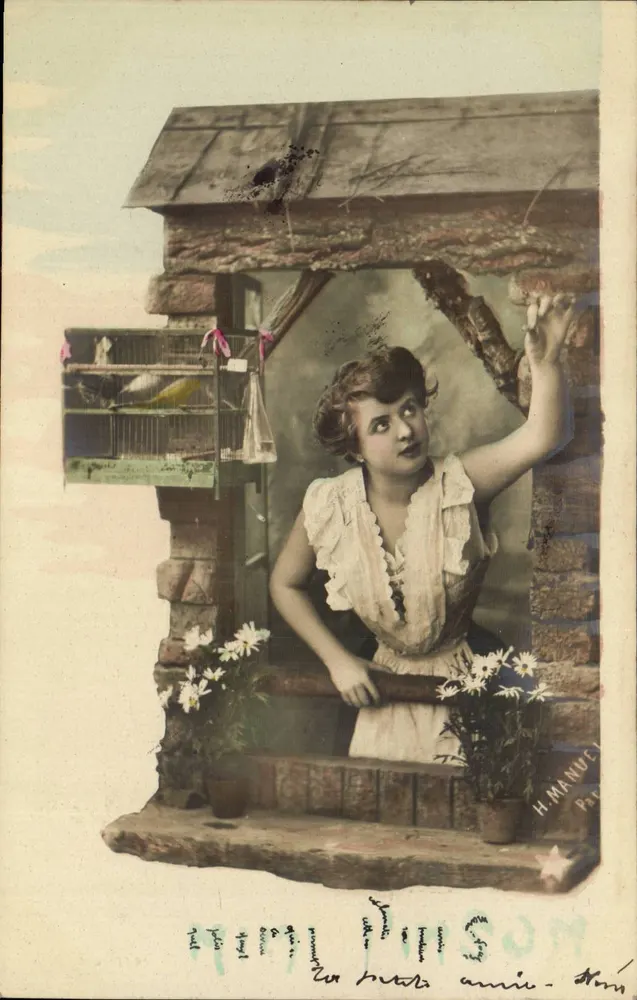 Mädchen mit Vögeln — Garten-Szene — H. MANUEL, Paris - Vorderseite