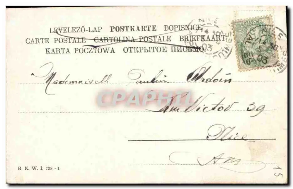 Lundi 54 — Bergblick mit Chalet und Pfad — Historiyping, Nr. 1903 - Rückseite