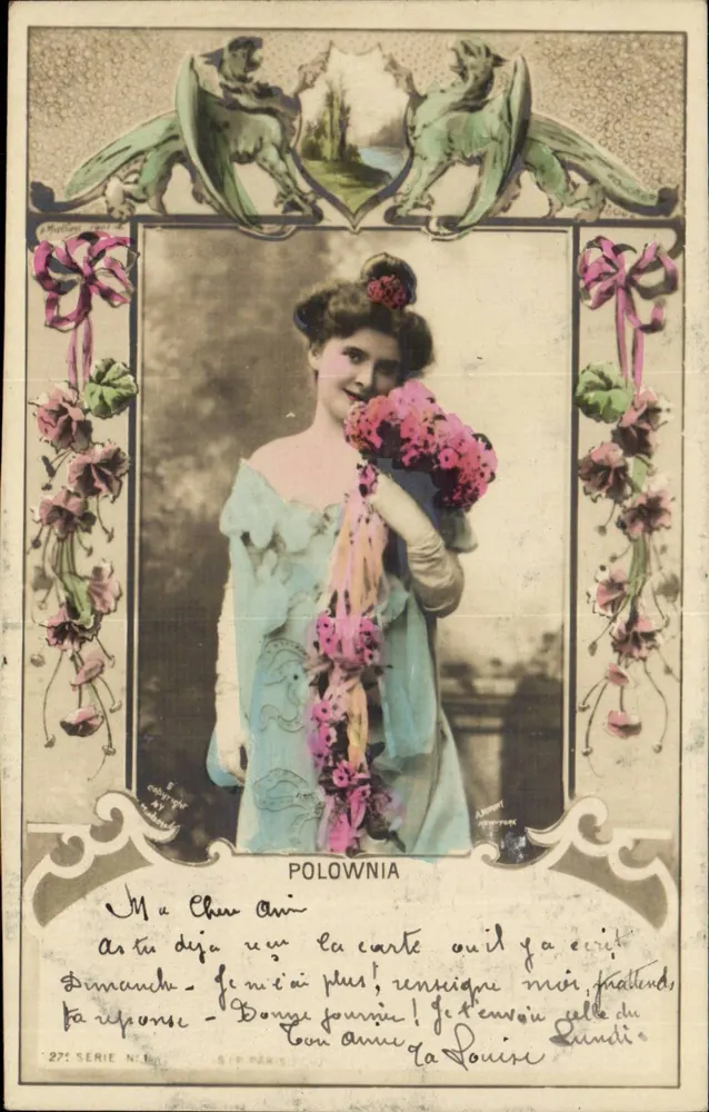 Frau in blauer Robe mit Blumenbouquet — Polownia — S.I.P. Paris, Serie 27 - Vorderseite