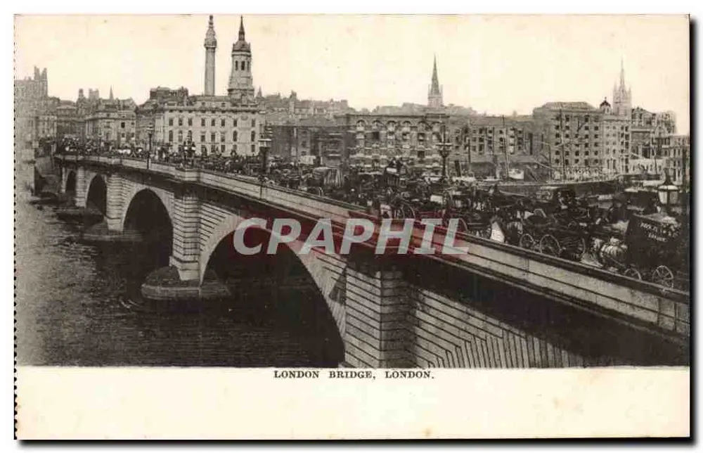 London Bridge, London — lebendige Ansicht mit Fahrzeugen und Fußgängern — kein Verlag oder Nummer sichtbar - Vorderseite