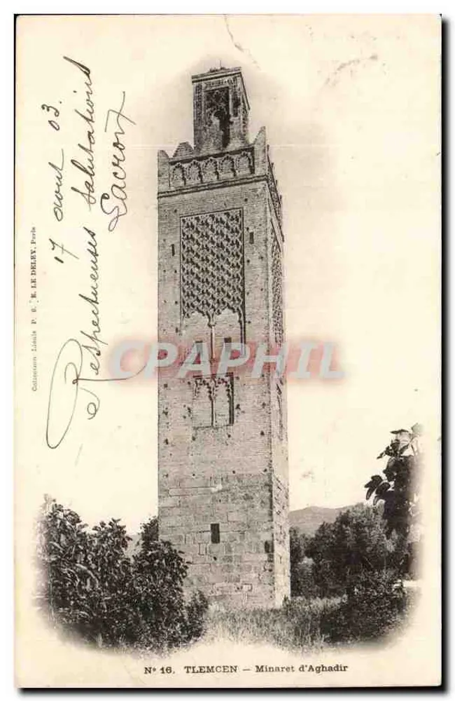 Tlemcen — Minarete de Aghadir — Editor P. E. LE DREY, Paris, N° 18 - Frente