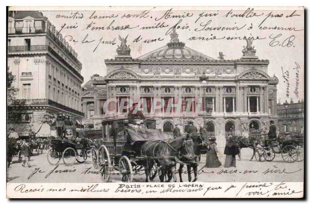 Paris - Praça da Ópera — vista do teatro com carruagens — editor não visível - Frente
