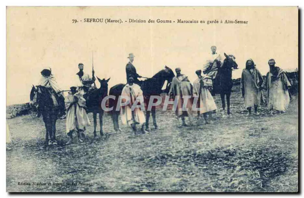 Sefrou (Maroc) — Division des Goums — Marocains en garde à Atm-Semar — Édition Niédam et Arzonius, Maroc - Recto