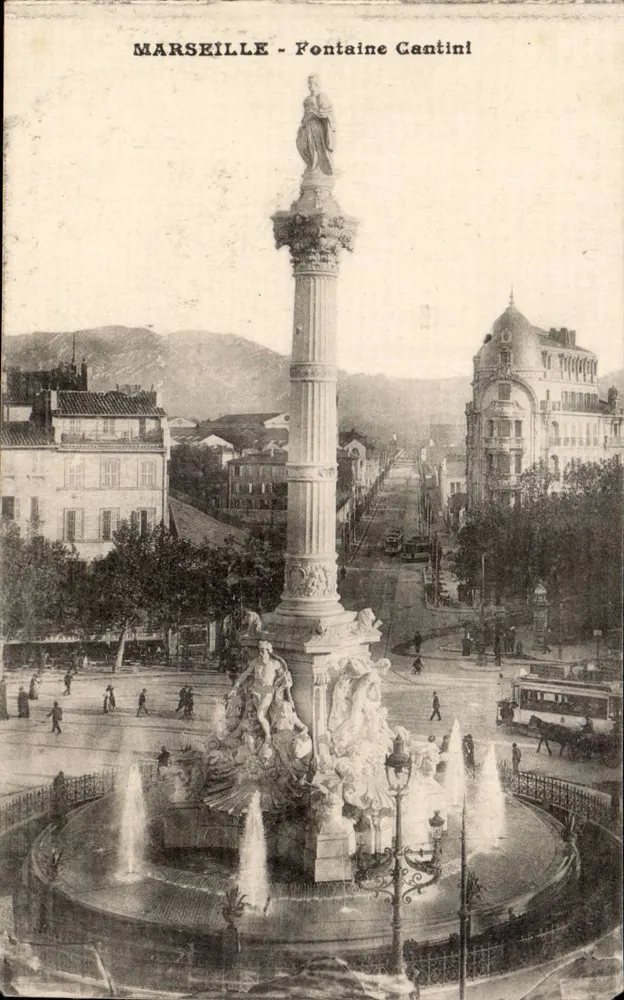 Marseille - Fontaine Cantinil — widok placu z kolumną i fontannami, wydawca nieznany - Awers