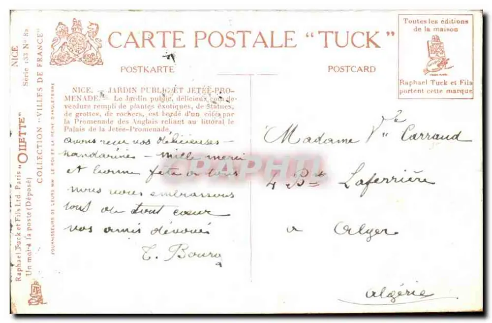 Nizza. Giardino Pubblico e Terrazza Promenade — Chellette, serie 133, editore Tuck & Fils - Verso