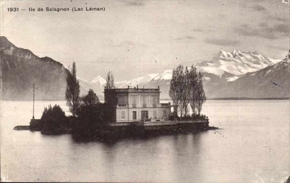 Ilha de Salagnon (Lago Léman) — vista da villa na ilha — Fototipia de Neuchâtel - Frente