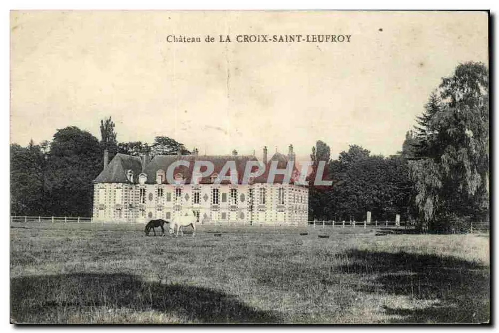 Castillo de LA CROIX-SAINT-LEUFROY — vista del castillo con dos caballos en un prado — editor no visible - Anverso