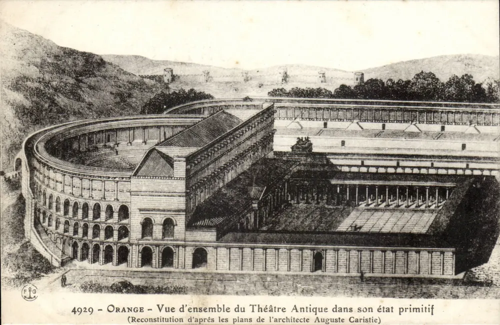 Orange - Übersicht des antiken Theaters in seinem ursprünglichen Zustand — Rekonstruktion nach den Plänen des Architekten Auguste Caristie — Verlag F.G. n°4929 - Vorderseite
