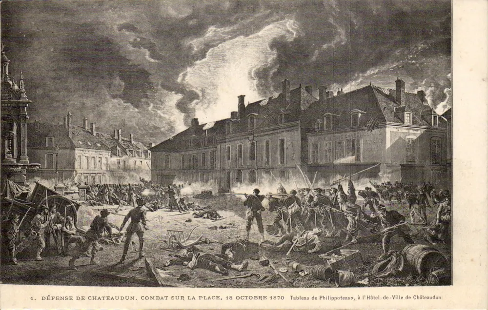 Verteidigung von Châteaudun — Schlacht auf dem Platz, 18. Oktober 1870 — Gemälde von Philippoteaux, im Rathaus von Châteaudun - Vorderseite