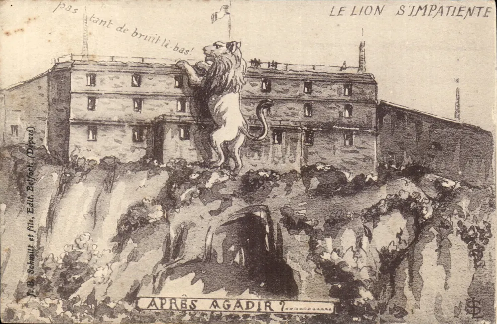 Der Löwe ist ungeduldig — Nach Agadir? — Y.B. Schmitt et fils, Edit. Belfont (Dipas) - Vorderseite