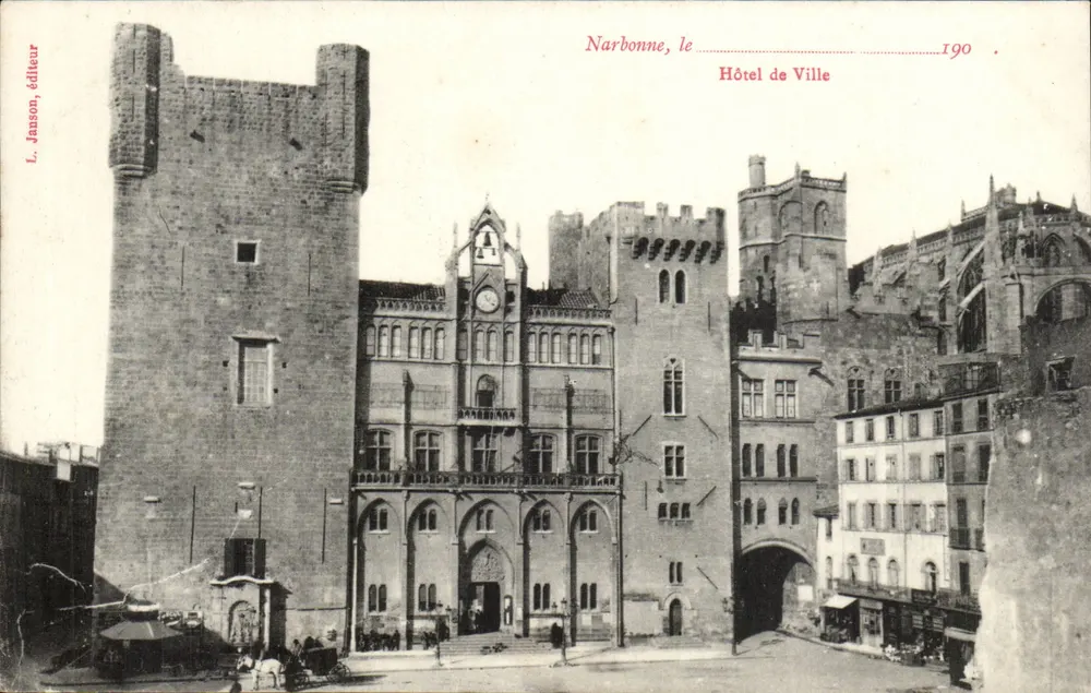 Narbonne, Hotel de Ville — widok budynku z wieżą i katedrą — L. Janson, wydawca, n°190 - Awers