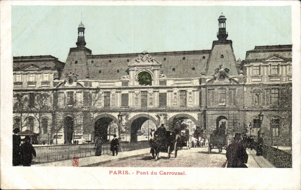 Paris - Pont du Carrousel — vista arquitetônica com veículos e pedestres - Frente