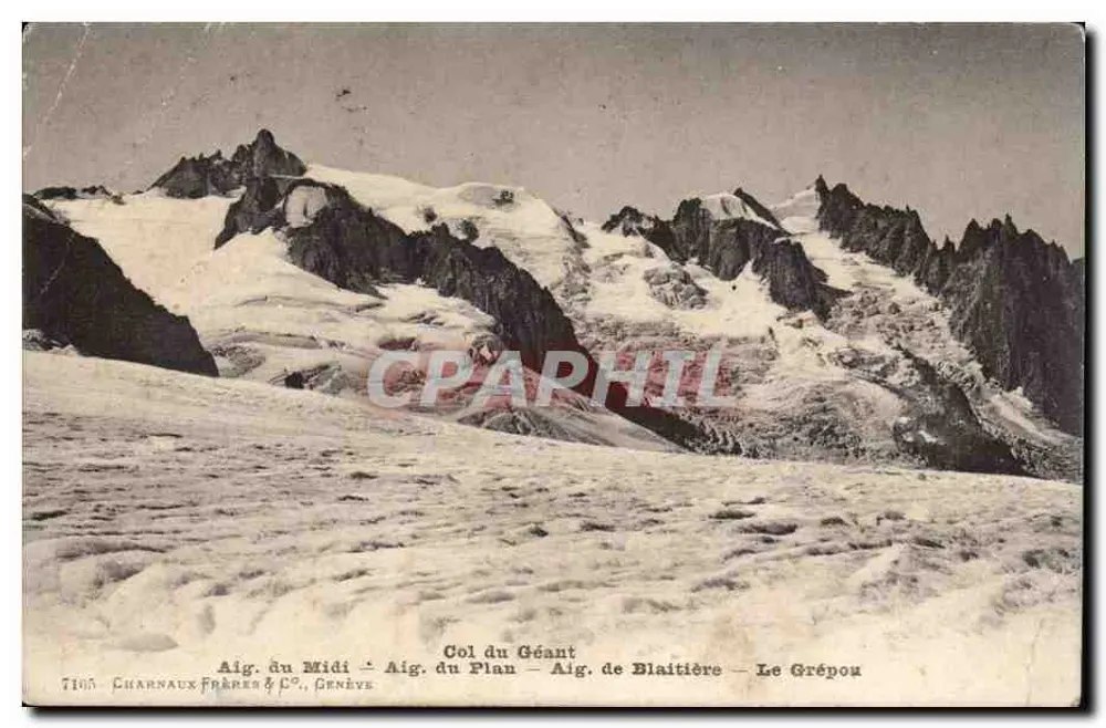 Aig. du Midi – Aig. du Plan – Aig. de Blaitière – Le Grépou — Col du Géant — Charnaux Frères & Cie, Genève - Frente