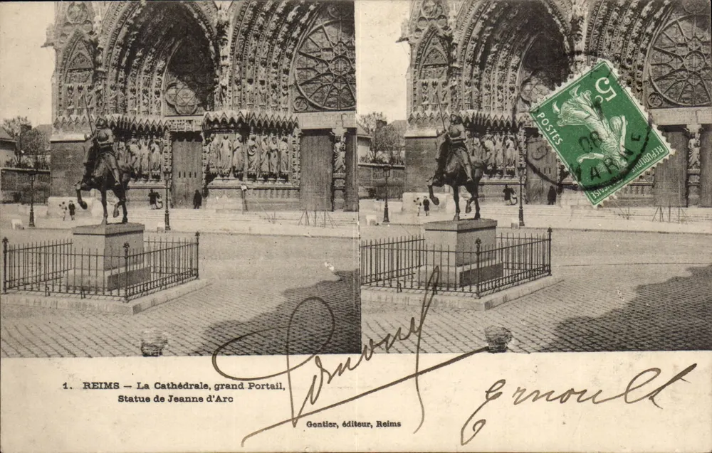 Reims — Die Kathedrale, Großer Portal, Statue der Jeanne d'Arc — Gentlier, Verleger, Reims - Vorderseite