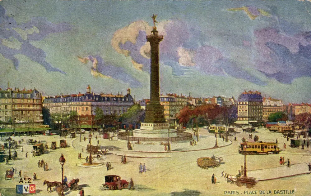Paris. Pátio da Bastilha — vista panorâmica com coluna — editor L.V.C. n° A^2 - Frente