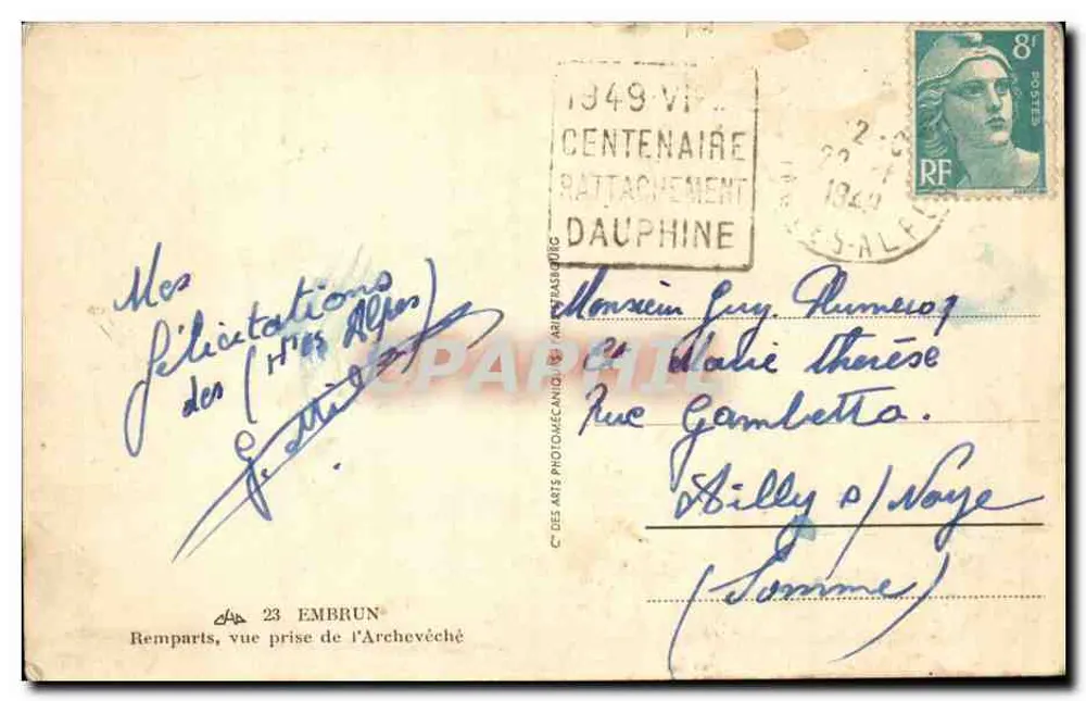Wälle, Aufnahme vom Bischofssitz — Verlag: Des Arts Photomécanique, Arîte Pasbourg — Nr. 23 - Rückseite
