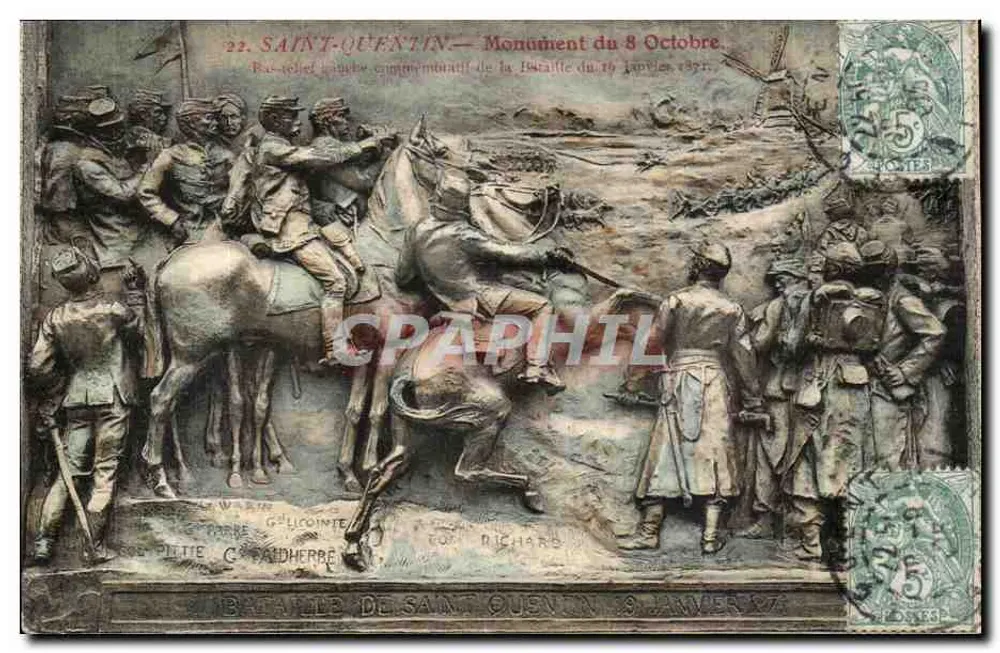Saint-Quentin — Denkmal vom 8. Oktober — Gedenkrelief der Schlacht vom 19. Januar 1871. Von G. Licointe, C. Paithe, C. Richard. - Vorderseite