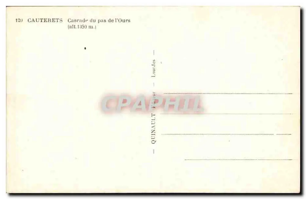 Cauterets — Cascata do Passo do Urso — editor Quinault, n° 129 - Verso
