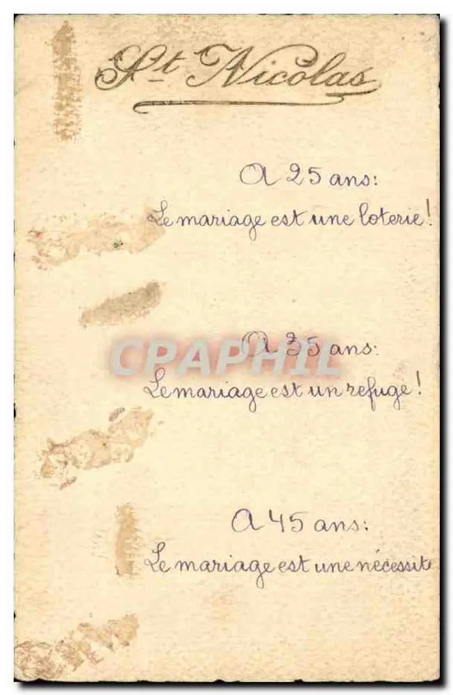 San Nicola — Cartolina umoristica sul matrimonio in base all'età — editore sconosciuto - Recto