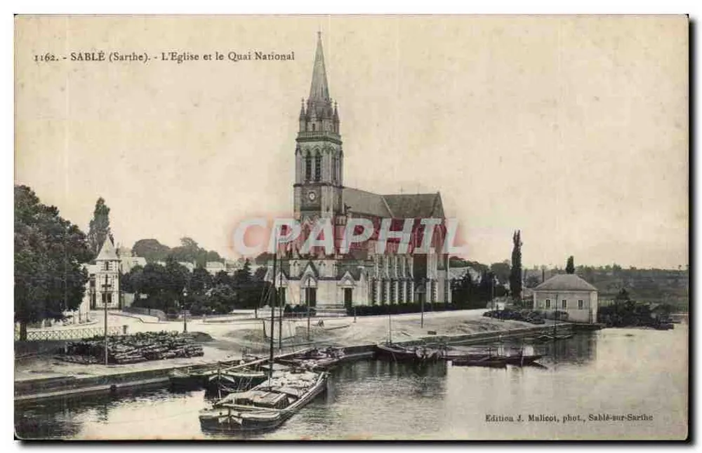 Sablé (Sarthe) — A Igreja e o Quai Nacional — Edição J. Malicot, Sablé-sur-Sarthe - Frente