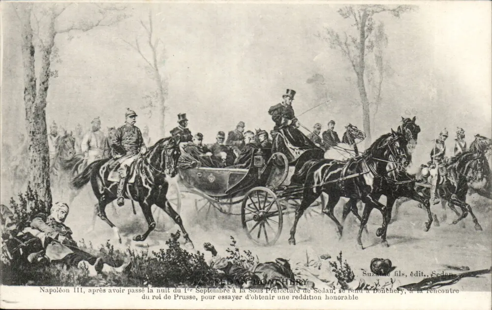 Napoleon III in Donchery — nachdem er die Nacht des 1. September in der Unteren Präfektur von Sedan verbracht hat, reist er nach Donchery, um dem König von Preußen zu begegnen und einen ehrenvollen Rückzug zu erreichen — Suzanne fils, Verlag, Sedan - Vorderseite