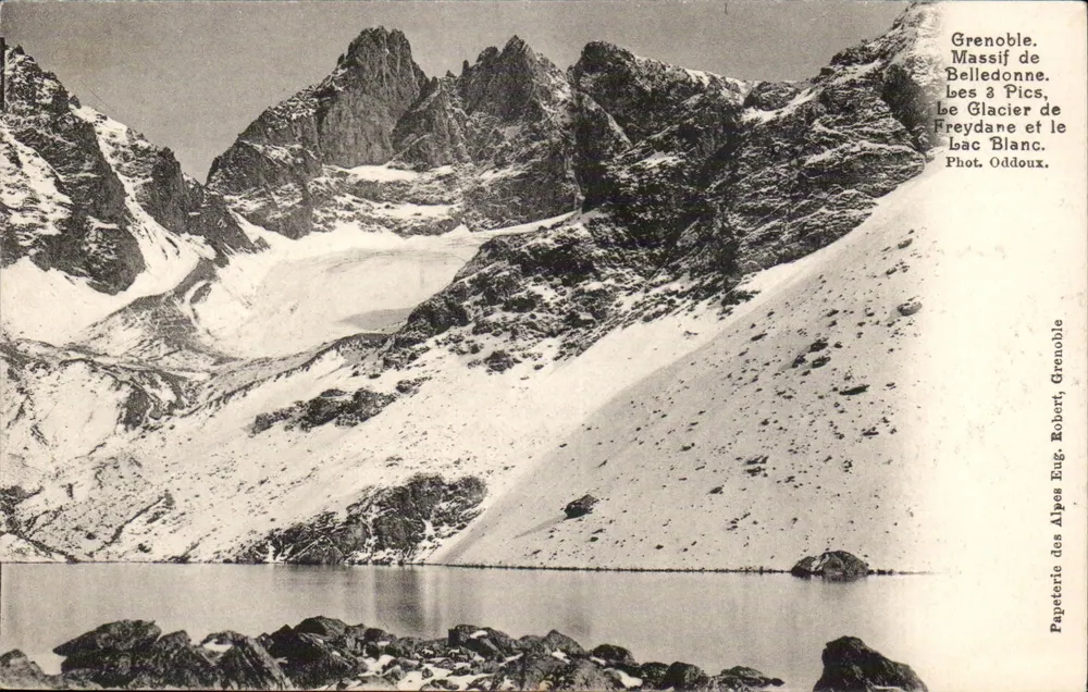 Massif de Belledonne — Les 3 Pics, le Glacier de Freydane et le lac Blanc — Papeterie des Alpes Eug. Robert, Grenoble - Frente