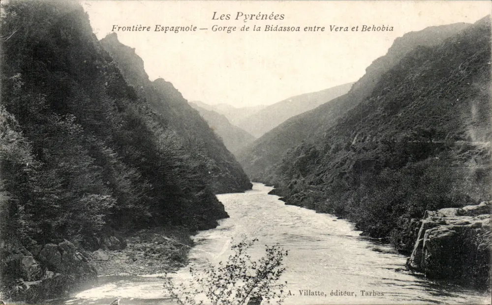 Die Pyrenäen — Spanische Grenze — Schlucht der Bidassoa zwischen Vera und Behobia — A. Villatte, Verleger, Tarbes - Vorderseite