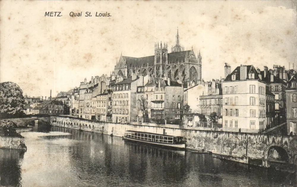 Metz. Margem do rio St. Louis. — Vista da margem e da catedral — Carte postale ancienne - Frente