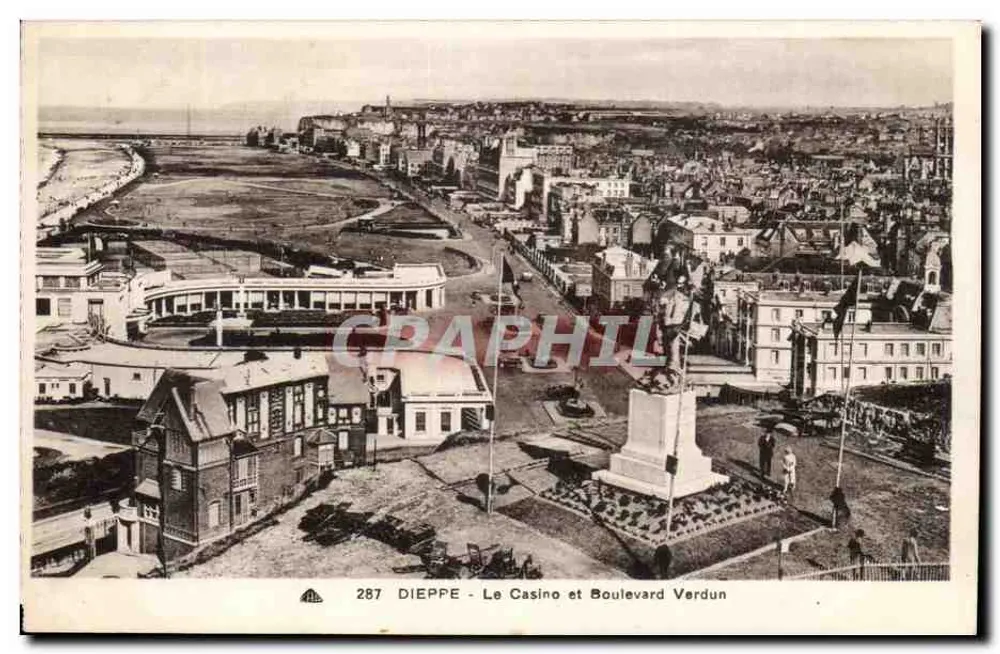 Dieppe - O Casino e Boulevard Verdun — vista aérea — editor: Cie des Arts Photomécaniques, Strasbourg-Schiltigheim, n° 287 - Frente
