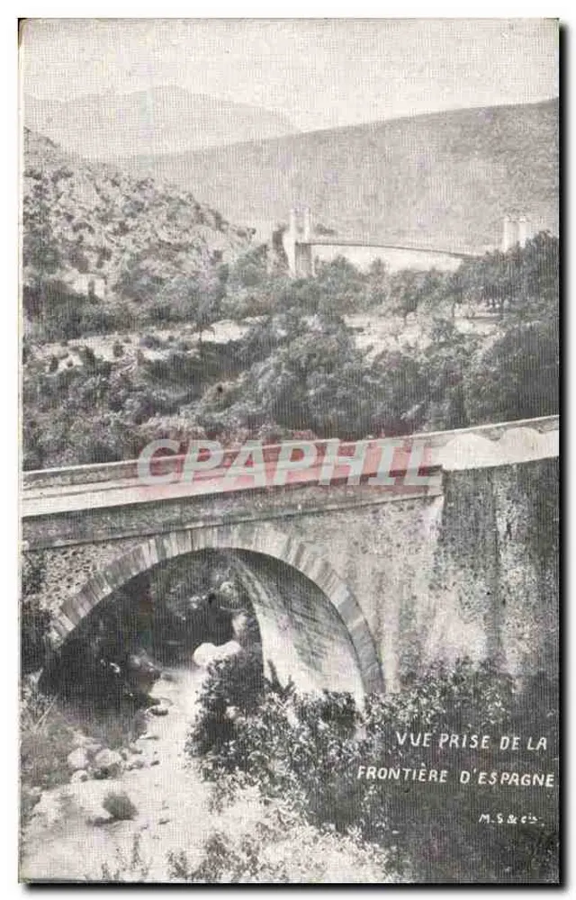 Vista tirada da fronteira da Espanha — ponte de pedra sobre um rio — editor M.S.&Cie - Frente