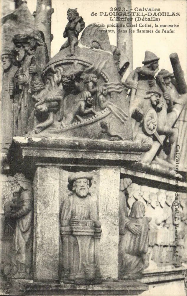 Calvaire de Plougastel-Daoulas — Detalhes do Inferno — Edição E. Hamonot, n°3973 - Frente