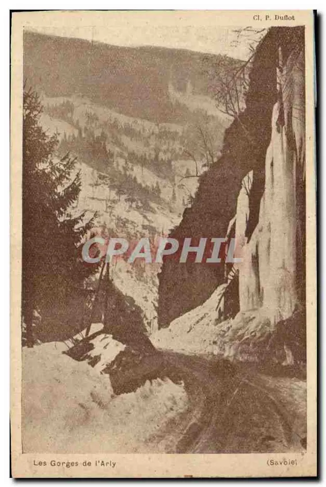 As Gorges do Arly — vista nevada com cascata de gelo — Cl. P. Duflot (Savoie) - Frente
