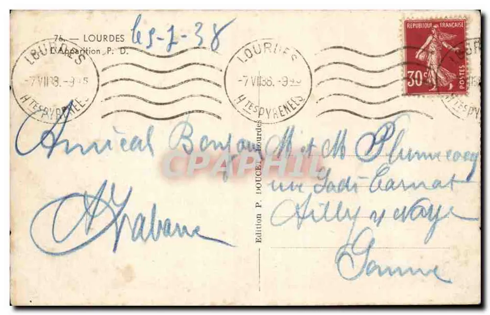 Nossa Senhora de Lourdes — aparição à Virgem Imaculada — Edição P. Doucel, Lourdes - Verso